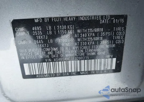 2015 Subaru Outback 2.5I Limited z USA, uszkodzony, nr VIN 4S4BSANC1F3290215